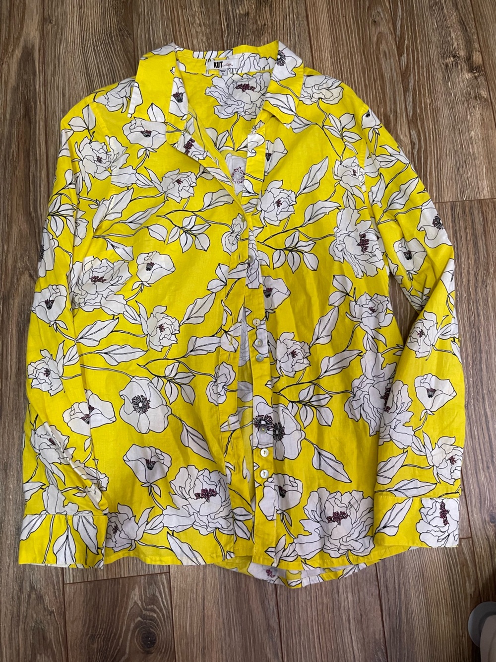 Kut from the Kloth Yellow Floral Blouse with Black Outline